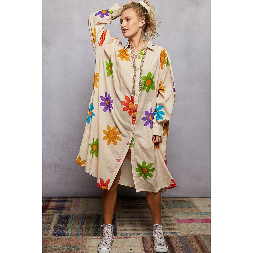 POL Floral Beaded Shirt Dress Long Sleeve‎ Midi Relaxed Fit Tan Multi SIZE M - Picture 2 of 7
